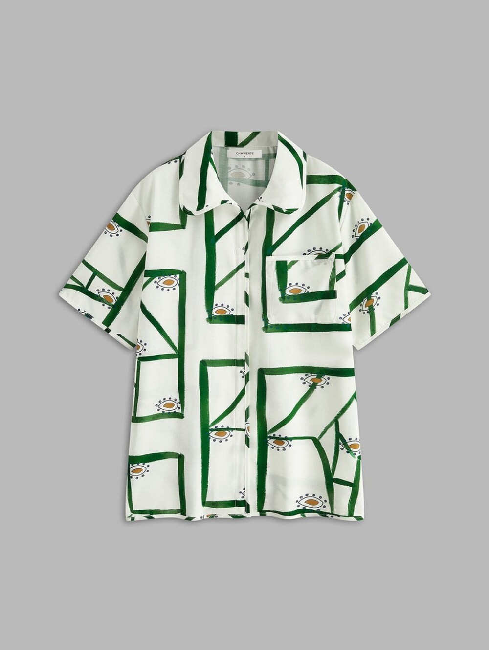 Commense White Shirt with Green Geometric Motifs